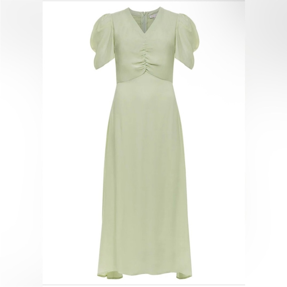 Anna Cate Waverly Midi Dress Sage Green Puff Sleeve Ruched Small‎ Silk Cotton